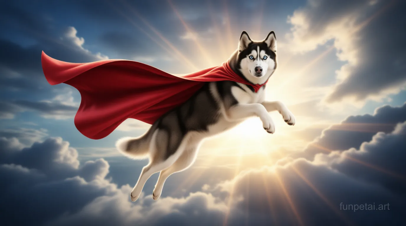 Husky as a superhero with a cape and heroic sky, cinematic AI pet portrait