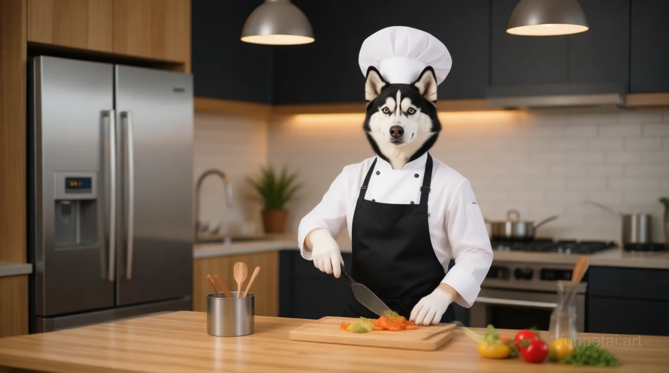 Husky wearing a chef hat in a modern kitchen, cinematic AI pet portrait