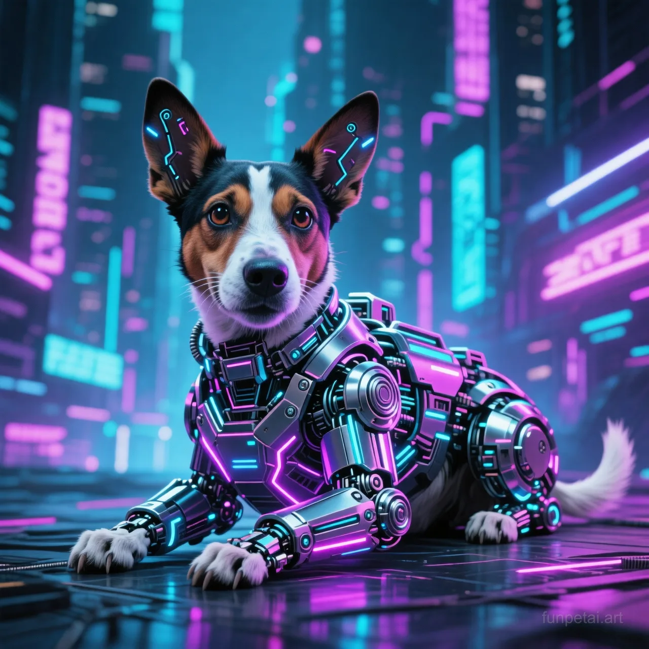 Jack Russell in neon cyberpunk city lights with metallic accents, cinematic AI pet portrait