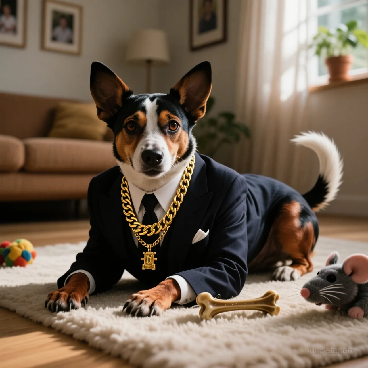 Jack Russell in a dark suit with gold chain, cinematic noir lighting, cinematic AI pet portrait