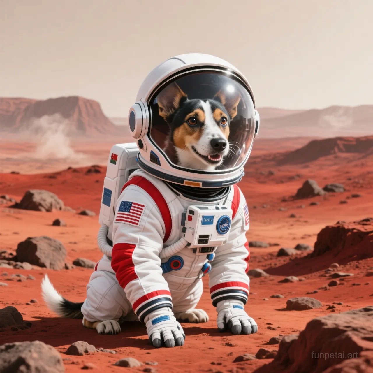 Jack Russell wearing a space suit on Mars, red planet glow, cinematic AI pet portrait