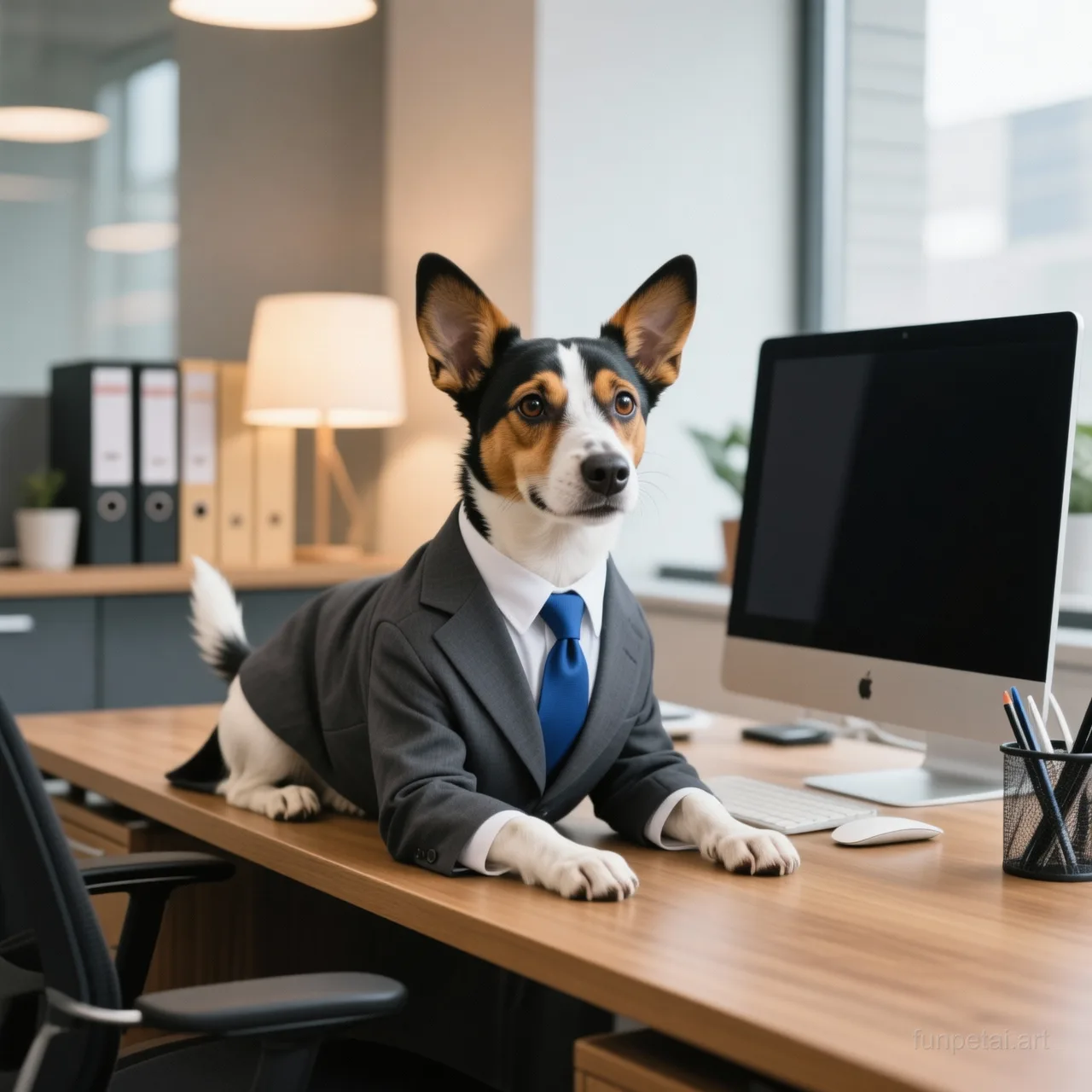 Jack Russell in a tailored suit at a modern office desk, cinematic AI pet portrait