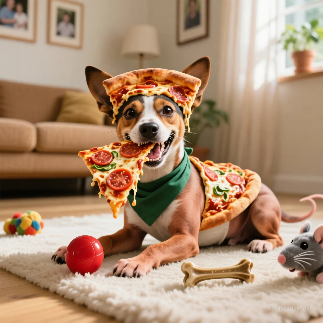 Jack Russell stealing a pizza slice with a playful expression, cinematic AI pet portrait