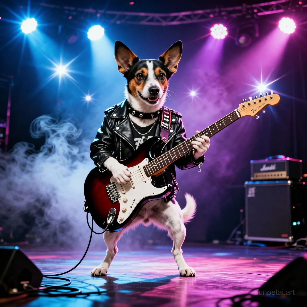 Jack Russell on stage with an electric guitar and concert lights, cinematic AI pet portrait