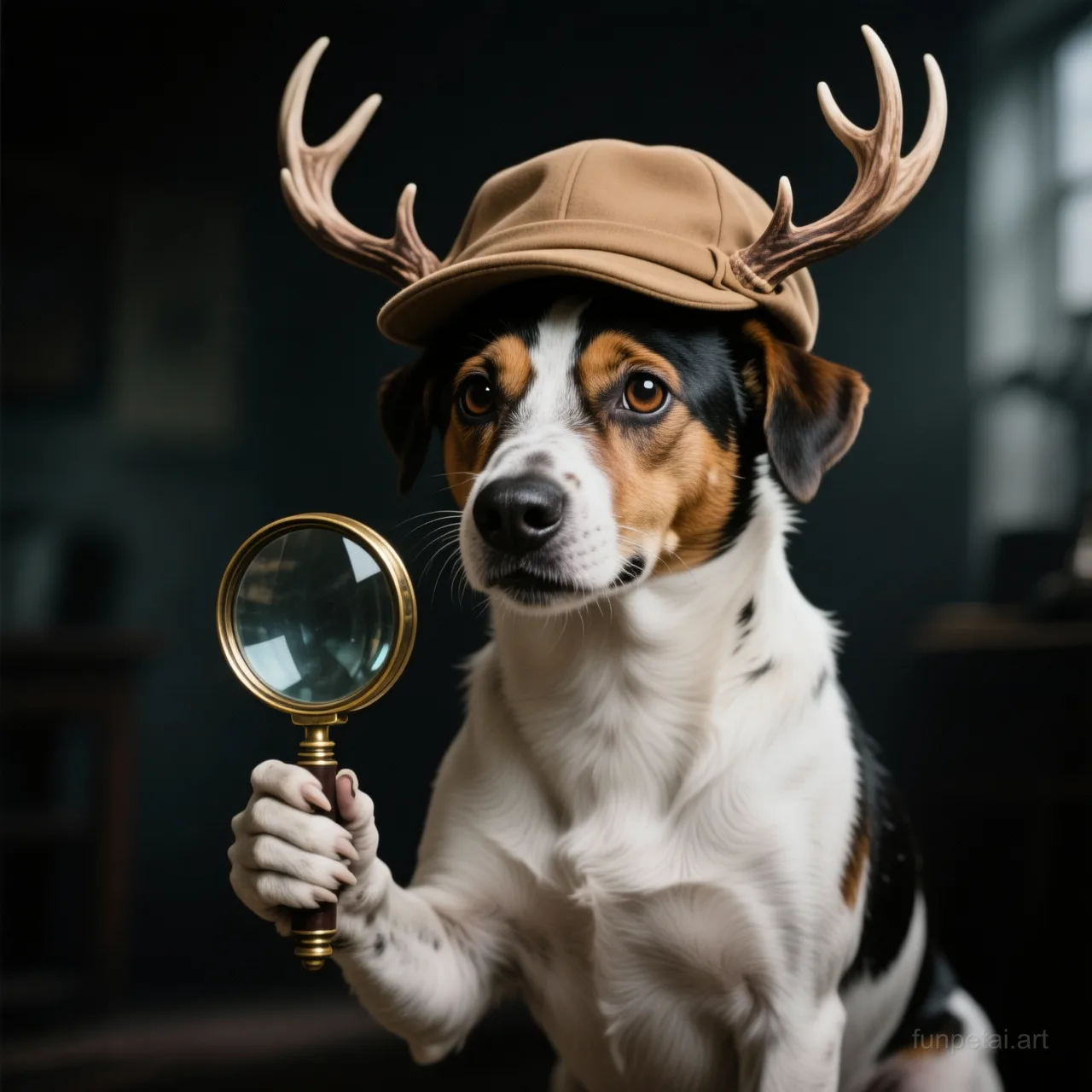 Jack Russell as a detective with a deerstalker hat and magnifier, cinematic AI pet portrait