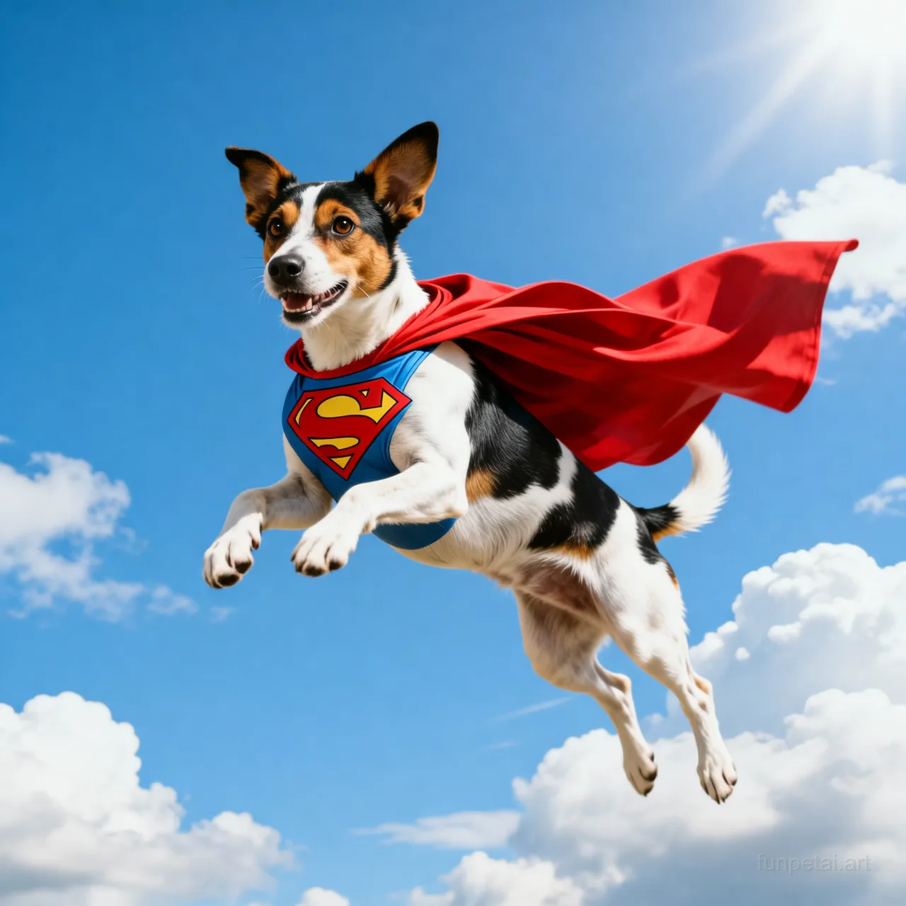 Jack Russell as a superhero with a cape and heroic sky, cinematic AI pet portrait