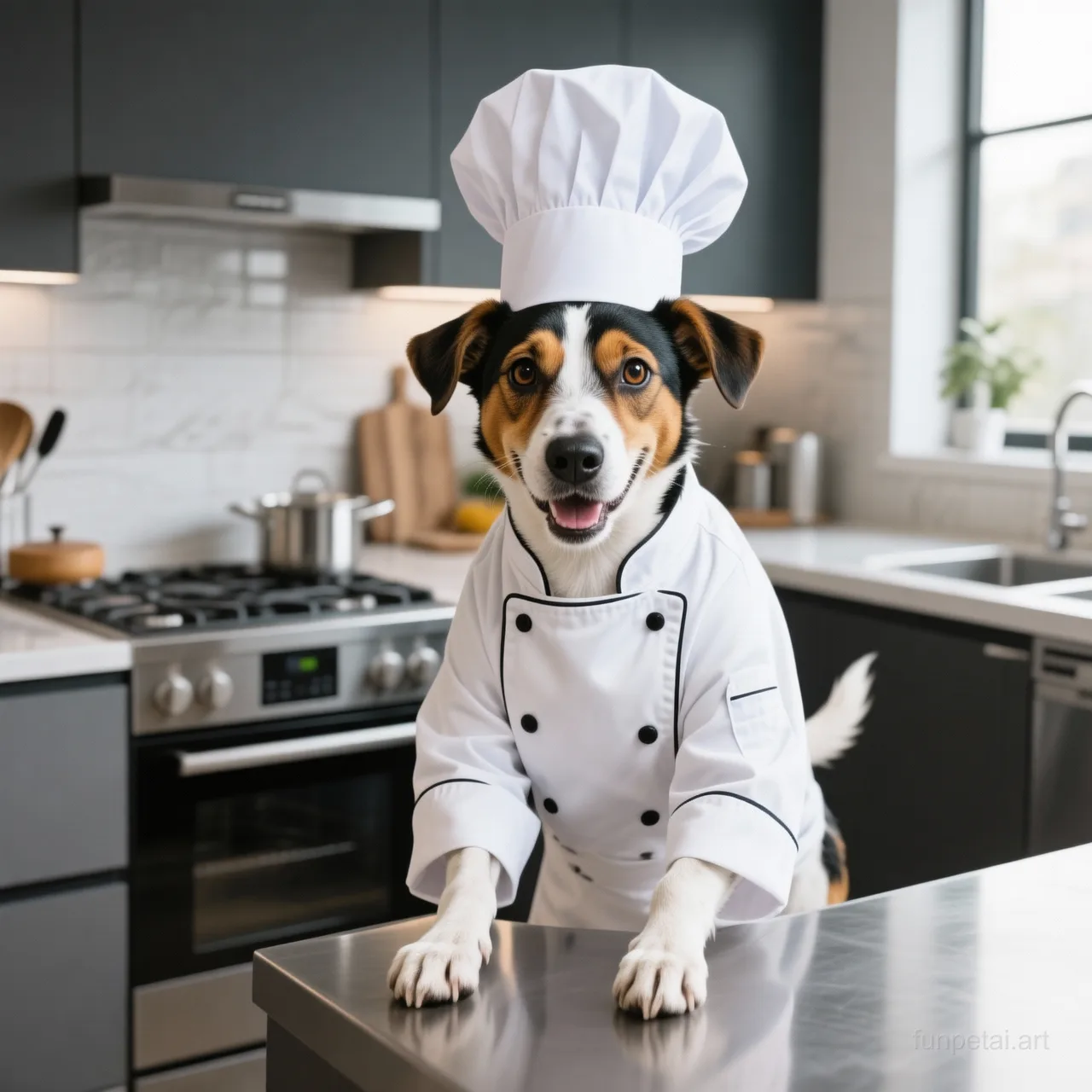 Jack Russell wearing a chef hat in a modern kitchen, cinematic AI pet portrait