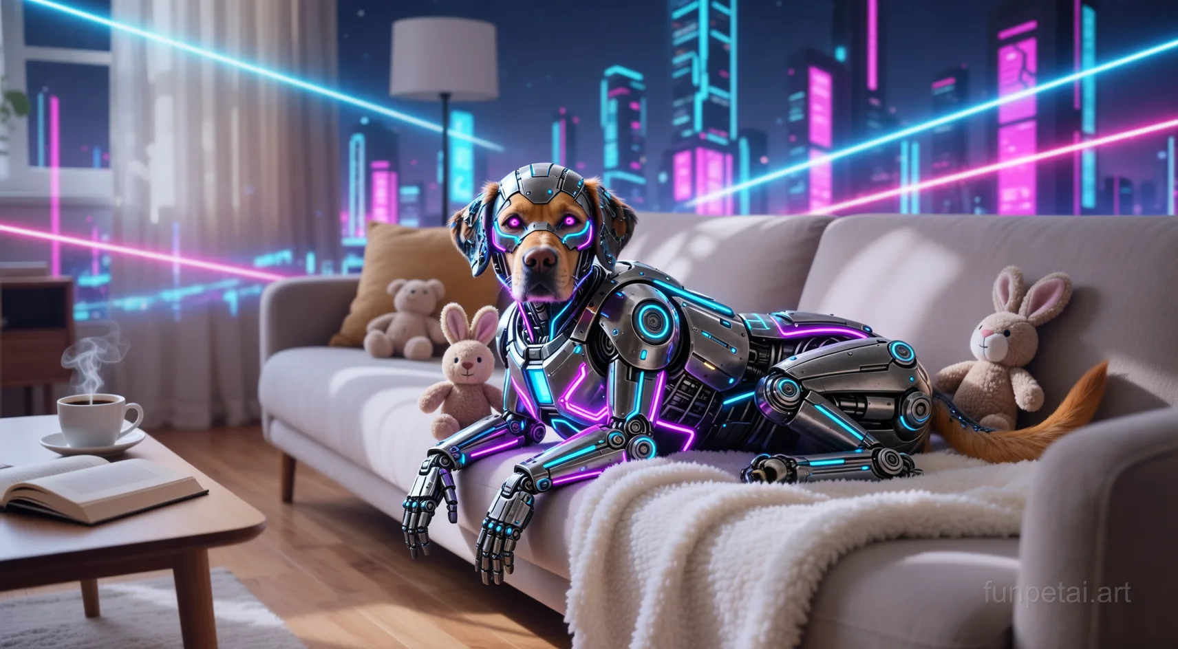 Labrador in neon cyberpunk city lights with metallic accents, cinematic AI pet portrait