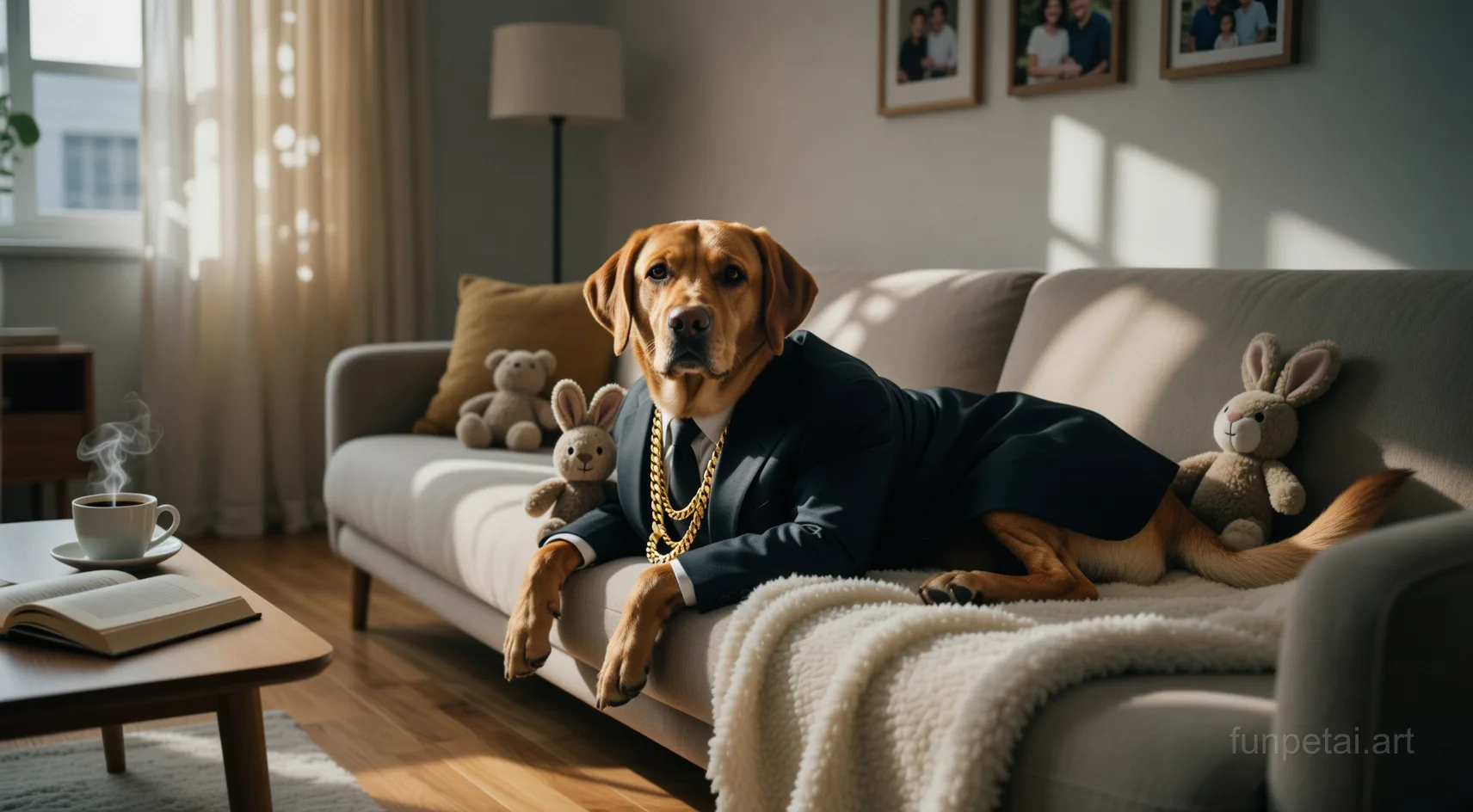 Labrador in a dark suit with gold chain, cinematic noir lighting, cinematic AI pet portrait