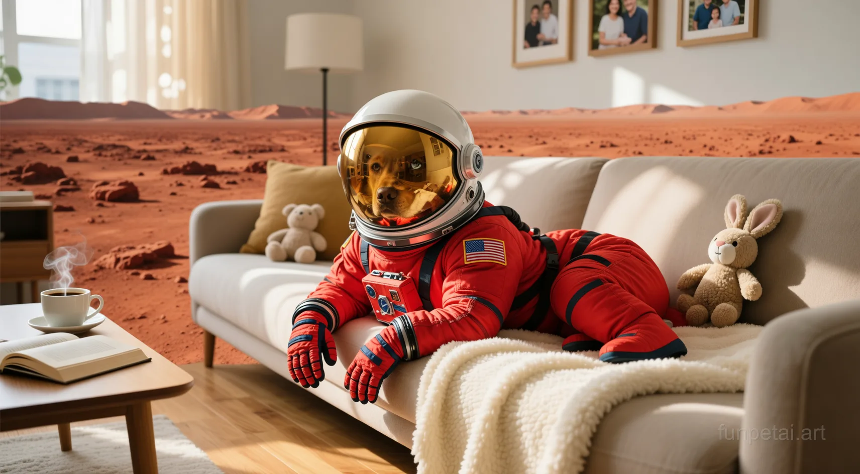 Labrador wearing a space suit on Mars, red planet glow, cinematic AI pet portrait