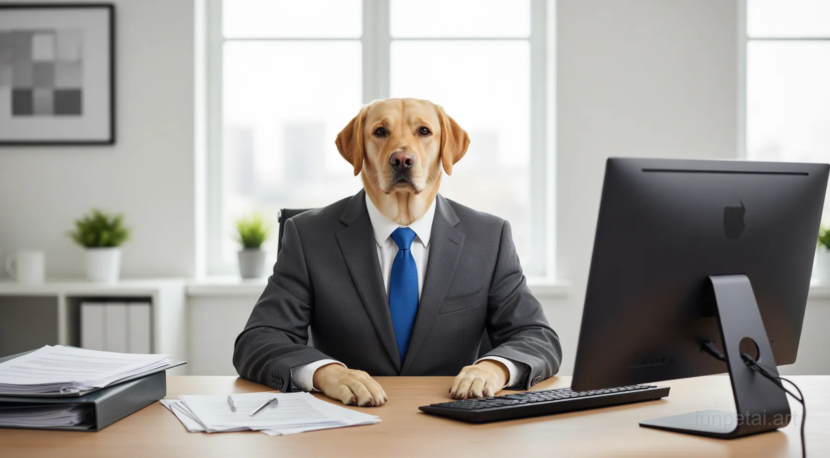 Labrador in a tailored suit at a modern office desk, cinematic AI pet portrait
