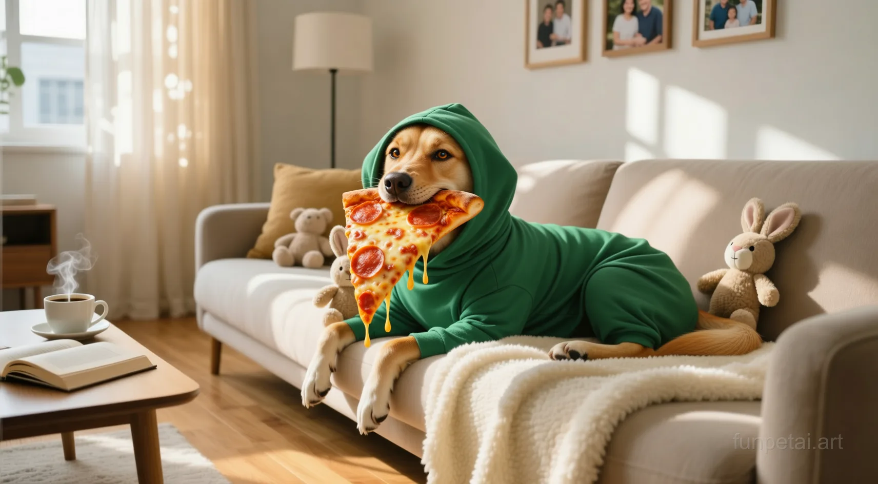 Labrador stealing a pizza slice with a playful expression, cinematic AI pet portrait