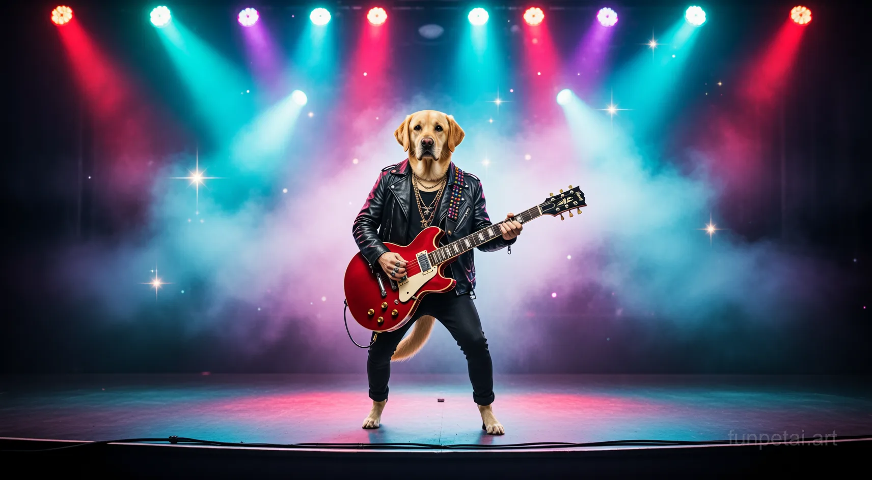 Labrador on stage with an electric guitar and concert lights, cinematic AI pet portrait