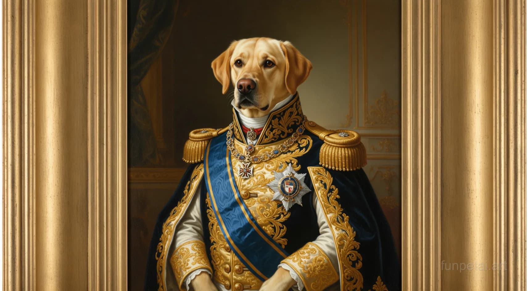Labrador in a royal portrait with ornate outfit, classic oil texture, cinematic AI pet portrait