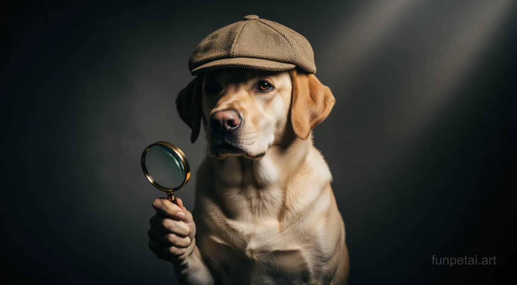 Labrador as a detective with a deerstalker hat and magnifier, cinematic AI pet portrait