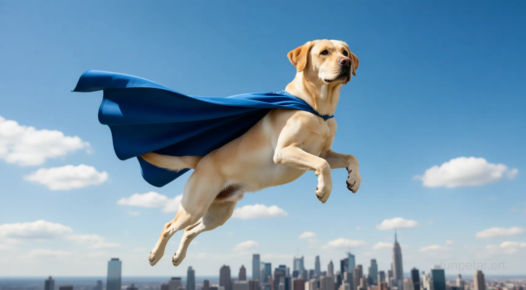 Labrador as a superhero with a cape and heroic sky, cinematic AI pet portrait