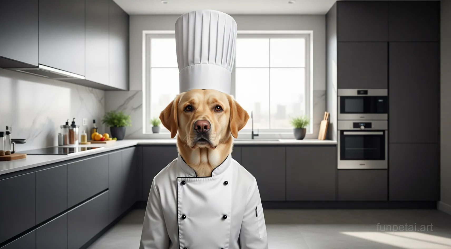 Labrador wearing a chef hat in a modern kitchen, cinematic AI pet portrait
