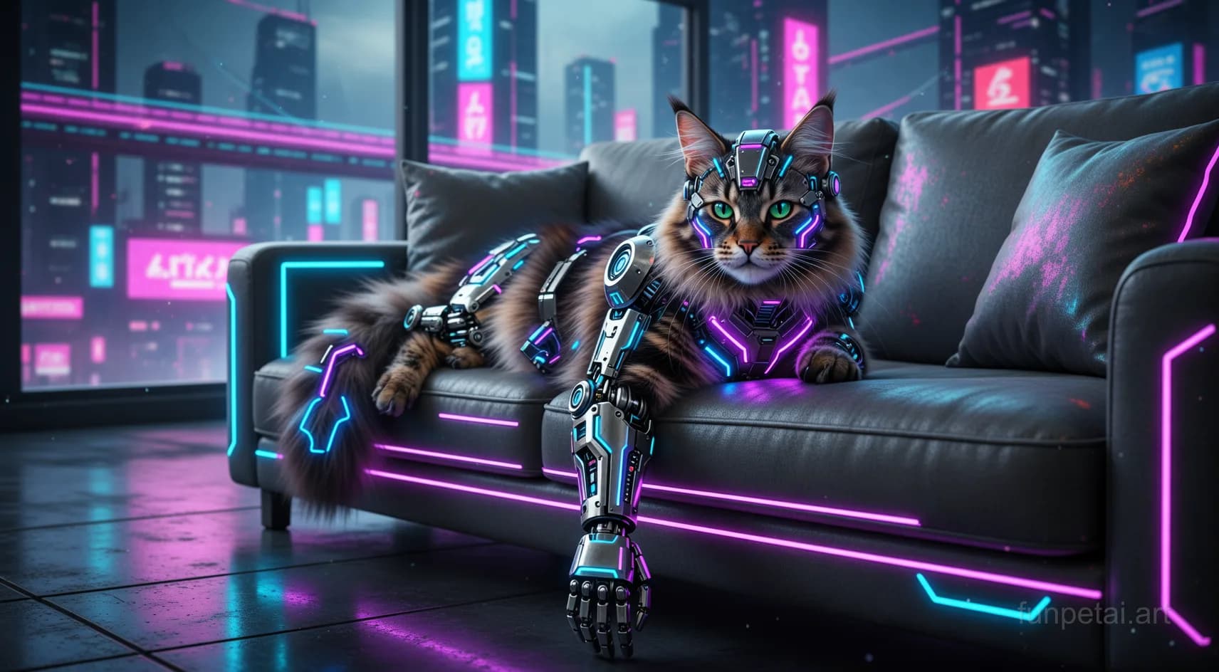 Maine Coon in neon cyberpunk city lights with metallic accents, cinematic AI pet portrait