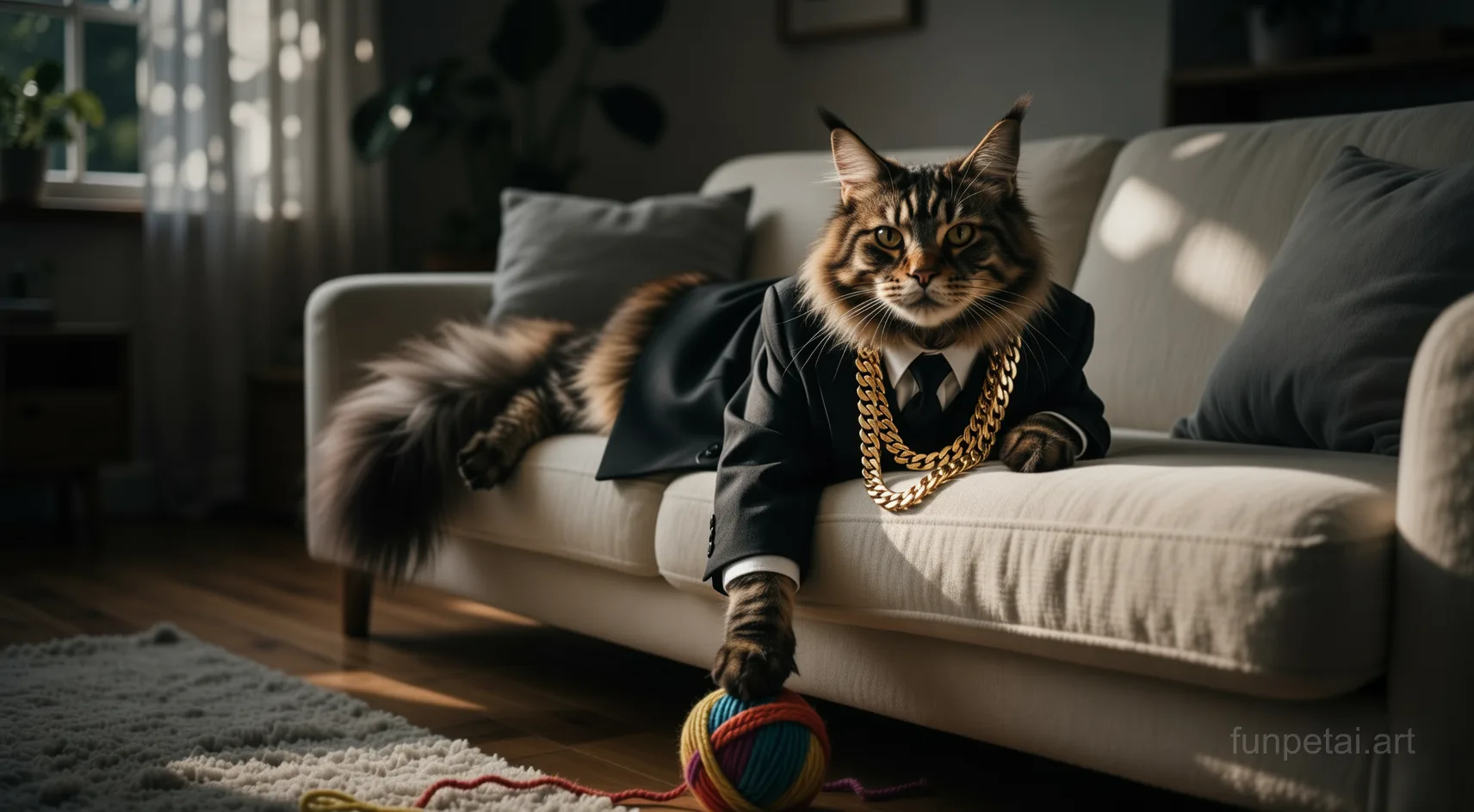 Maine Coon in a dark suit with gold chain, cinematic noir lighting, cinematic AI pet portrait