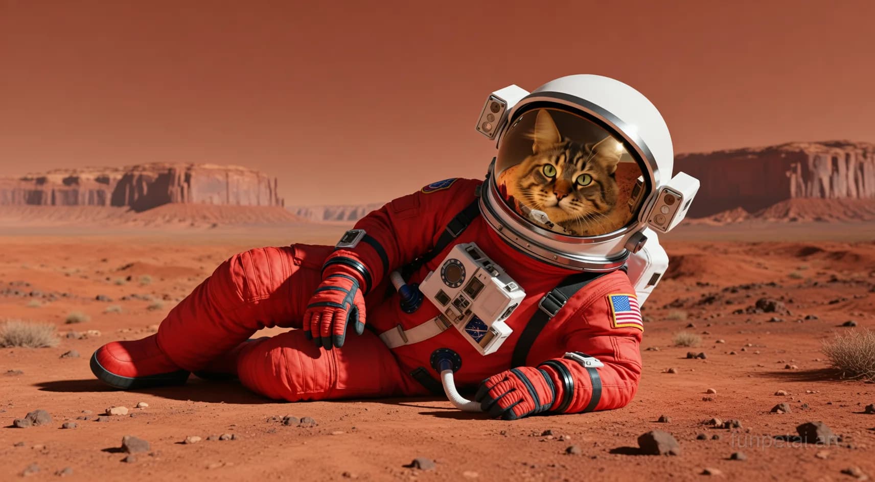 Maine Coon wearing a space suit on Mars, red planet glow, cinematic AI pet portrait