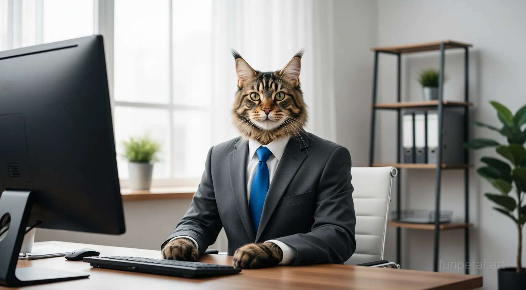 Maine Coon in a tailored suit at a modern office desk, cinematic AI pet portrait