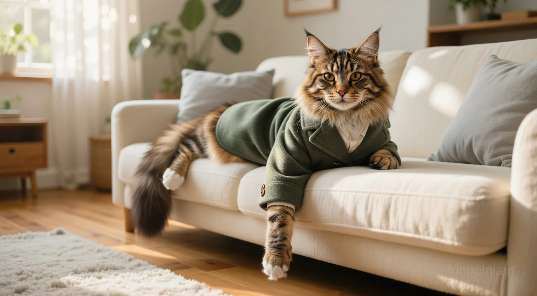 Maine Coon in an old money portrait with cashmere texture, cinematic AI pet portrait