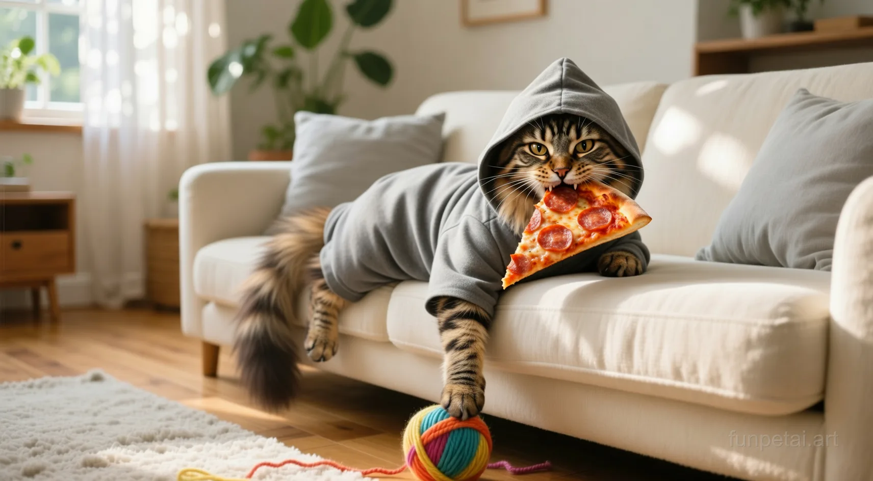 Maine Coon stealing a pizza slice with a playful expression, cinematic AI pet portrait