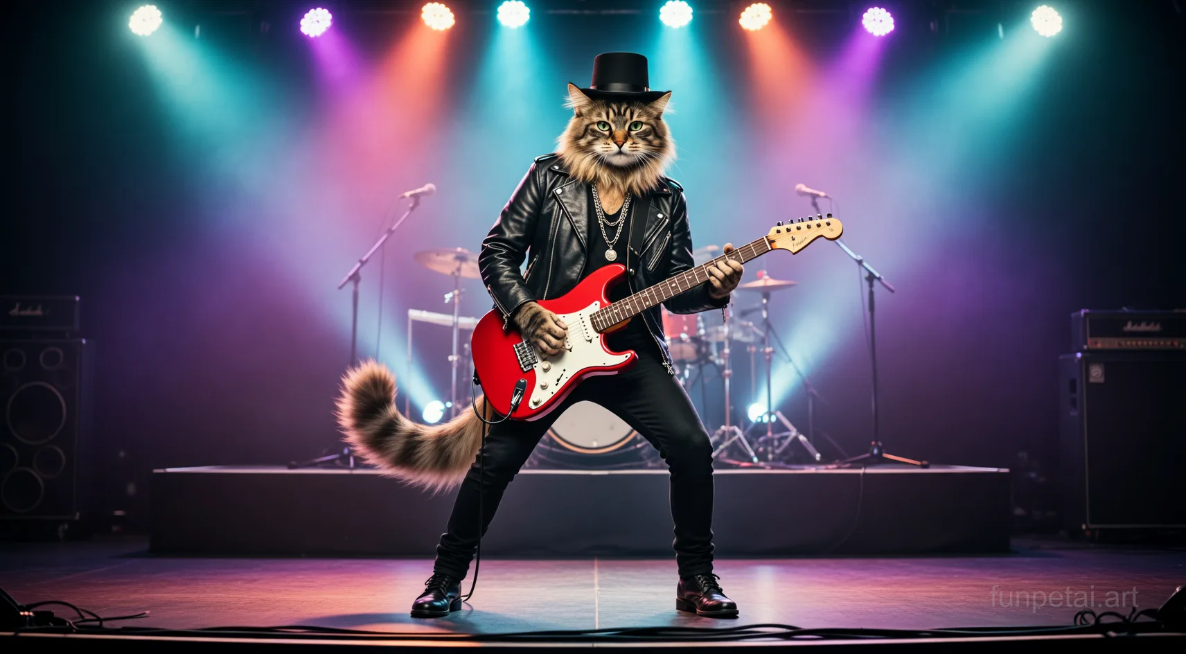 Maine Coon on stage with an electric guitar and concert lights, cinematic AI pet portrait