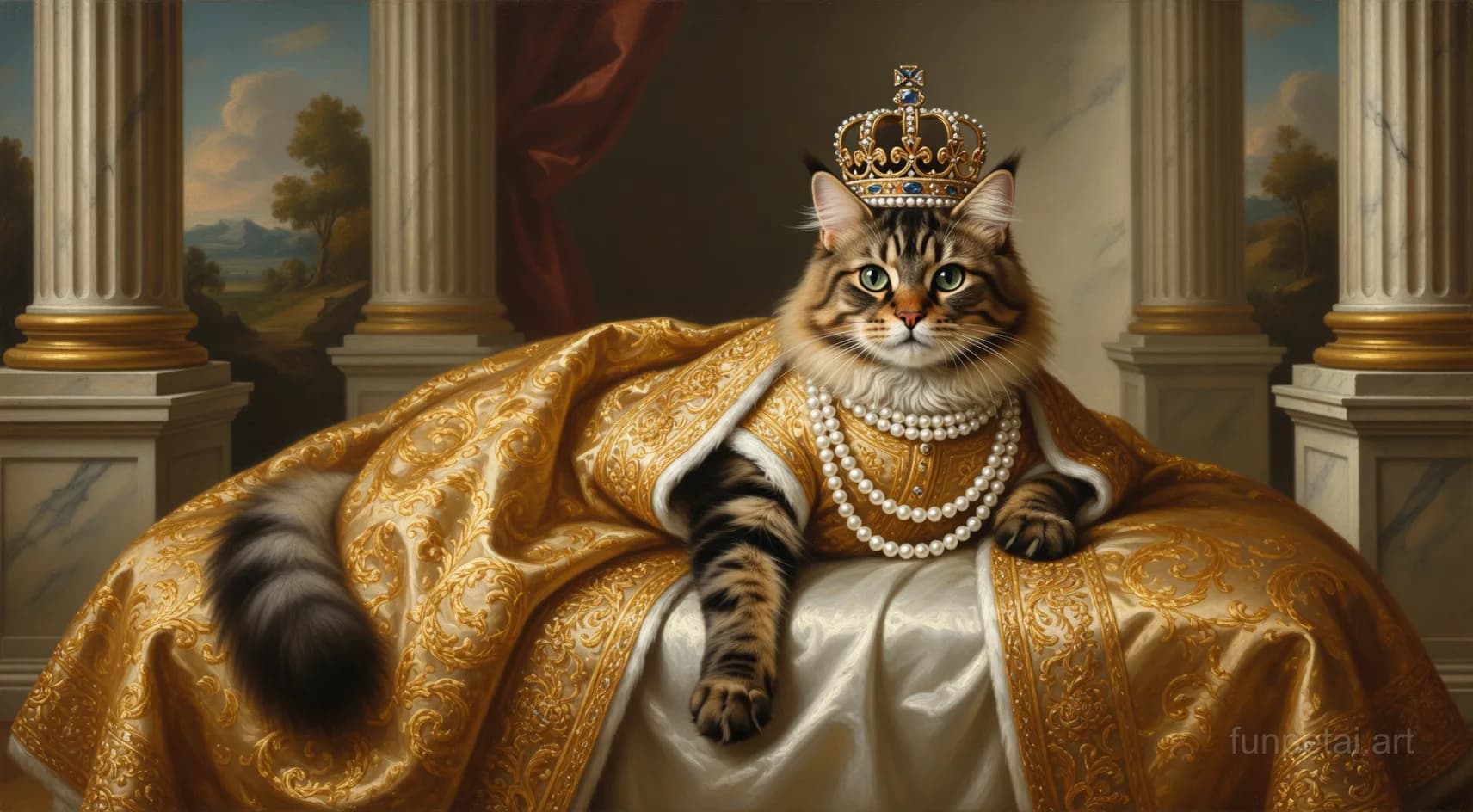 Maine Coon in a royal portrait with ornate outfit, classic oil texture, cinematic AI pet portrait