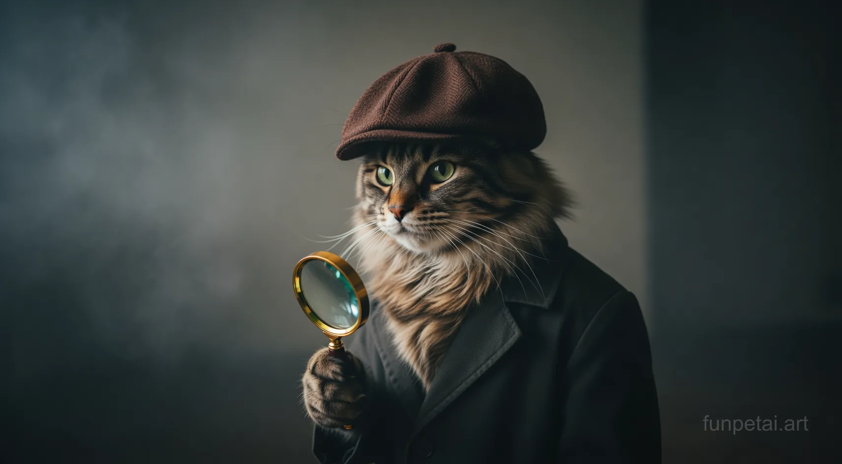 Maine Coon as a detective with a deerstalker hat and magnifier, cinematic AI pet portrait