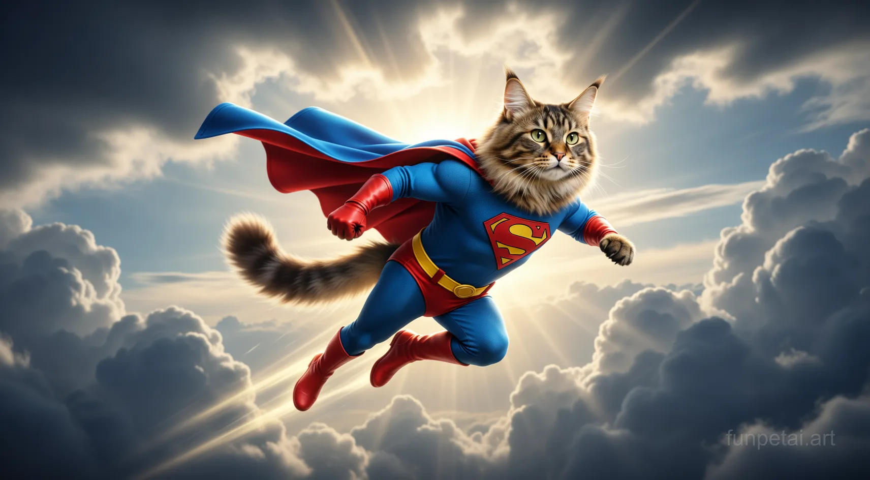 Maine Coon as a superhero with a cape and heroic sky, cinematic AI pet portrait