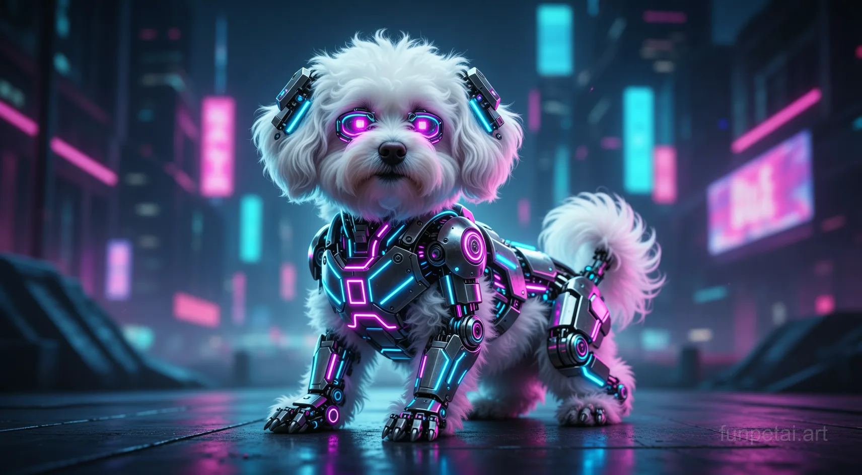 Maltese in neon cyberpunk city lights with metallic accents, cinematic AI pet portrait