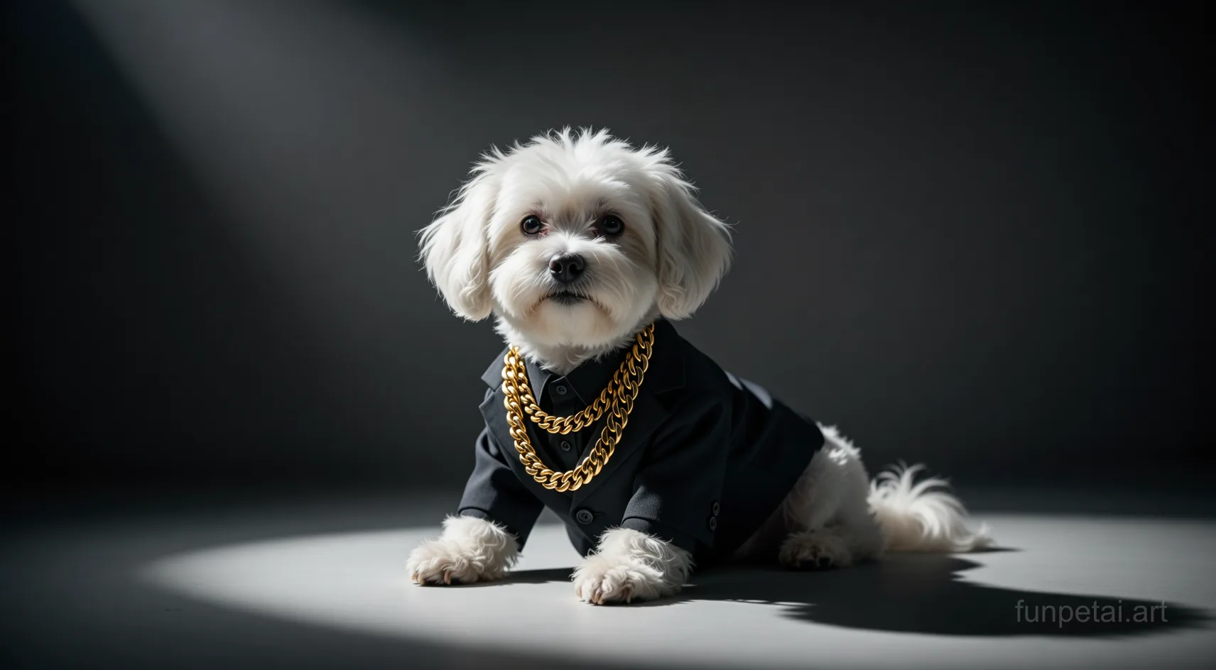 Maltese in a dark suit with gold chain, cinematic noir lighting, cinematic AI pet portrait