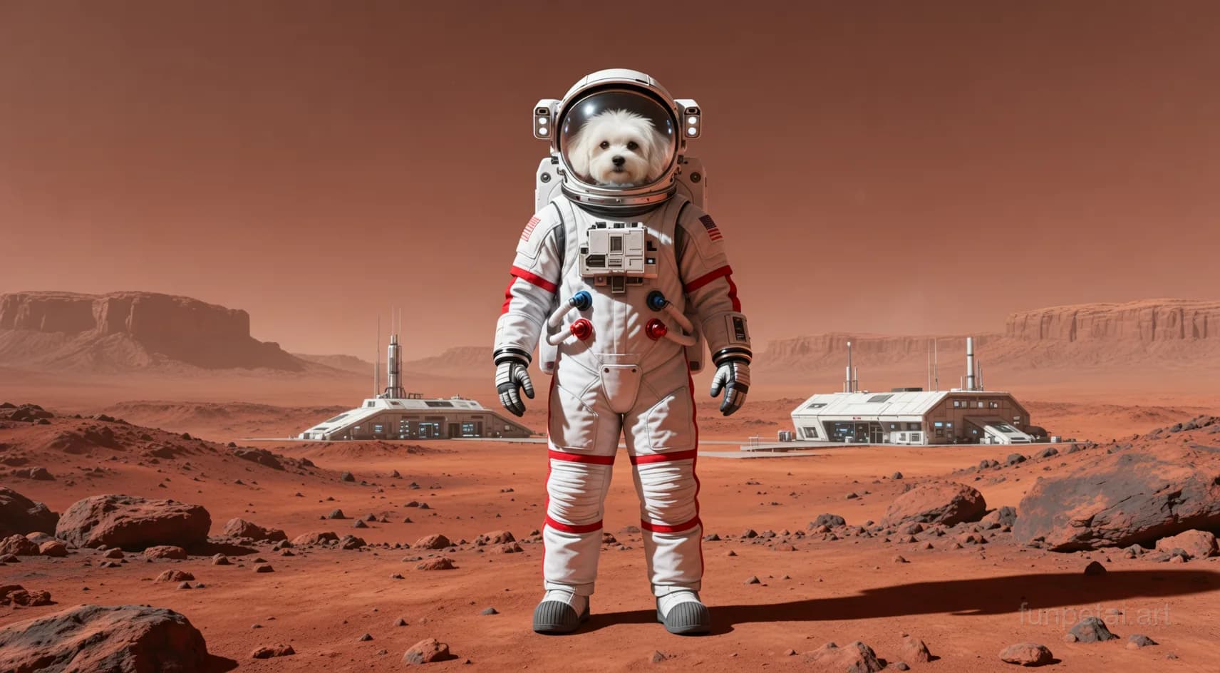Maltese wearing a space suit on Mars, red planet glow, cinematic AI pet portrait