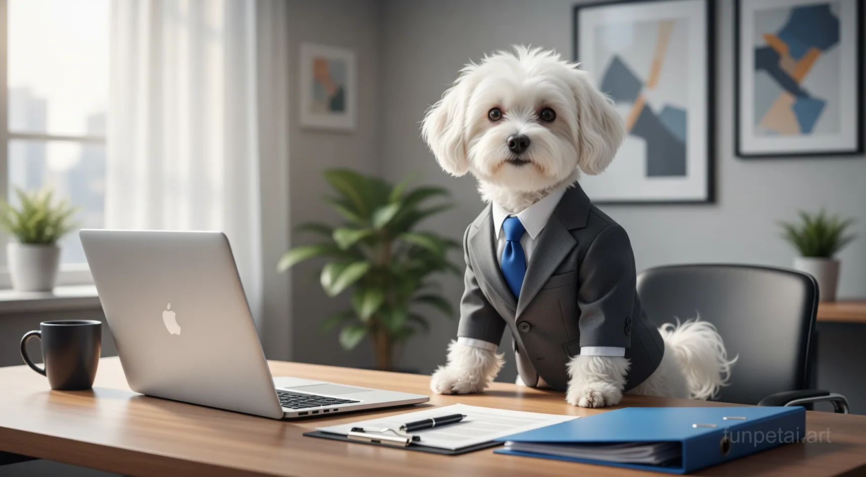 Maltese in a tailored suit at a modern office desk, cinematic AI pet portrait