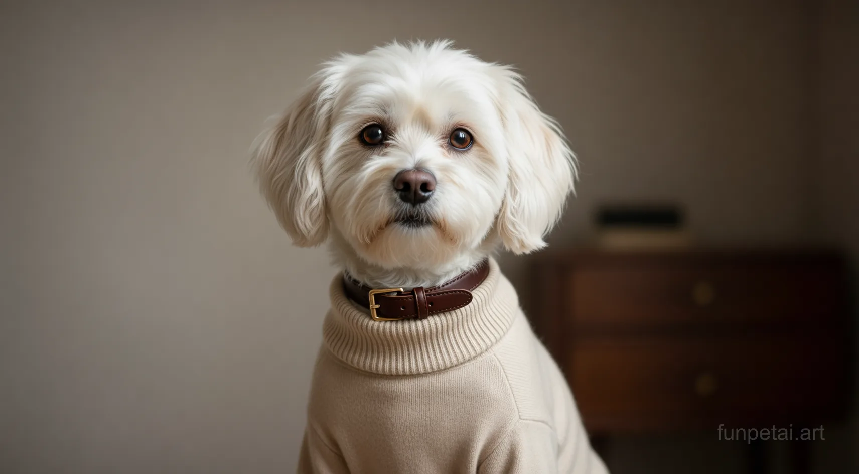 Maltese in an old money portrait with cashmere texture, cinematic AI pet portrait