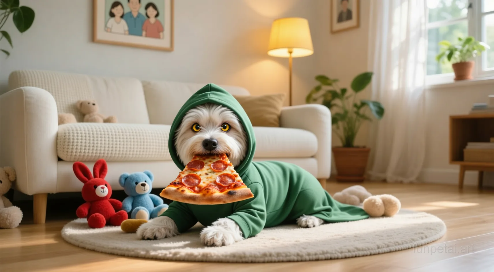 Maltese stealing a pizza slice with a playful expression, cinematic AI pet portrait