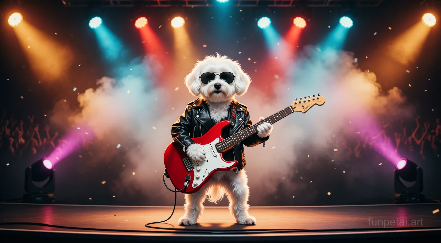 Maltese on stage with an electric guitar and concert lights, cinematic AI pet portrait
