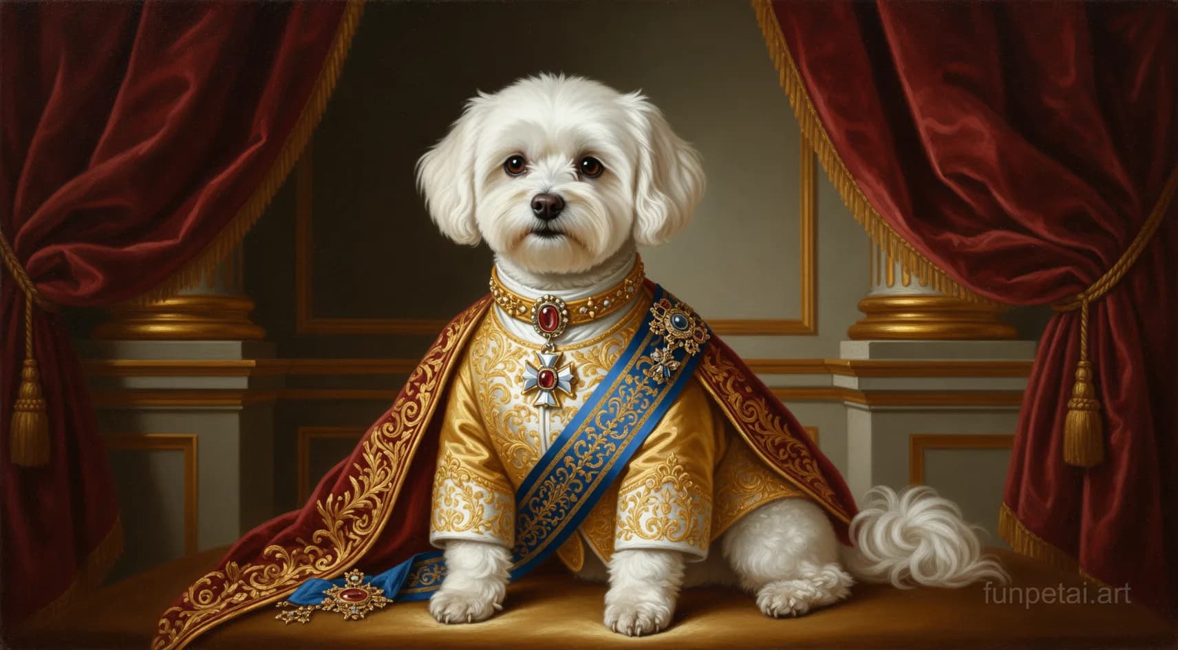 Maltese in a royal portrait with ornate outfit, classic oil texture, cinematic AI pet portrait