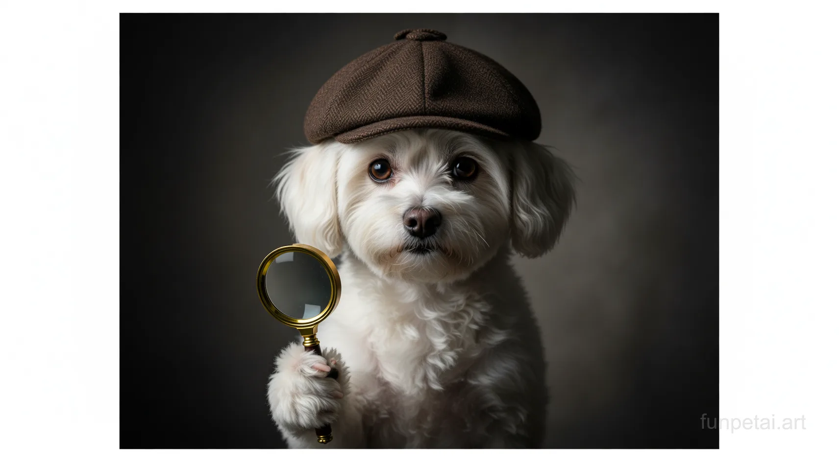 Maltese as a detective with a deerstalker hat and magnifier, cinematic AI pet portrait