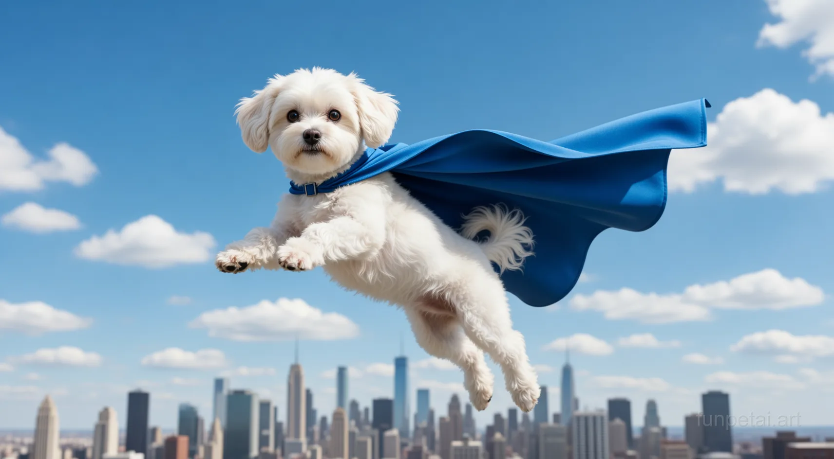 Maltese as a superhero with a cape and heroic sky, cinematic AI pet portrait