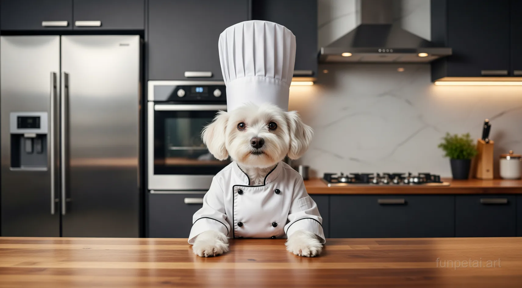 Maltese wearing a chef hat in a modern kitchen, cinematic AI pet portrait