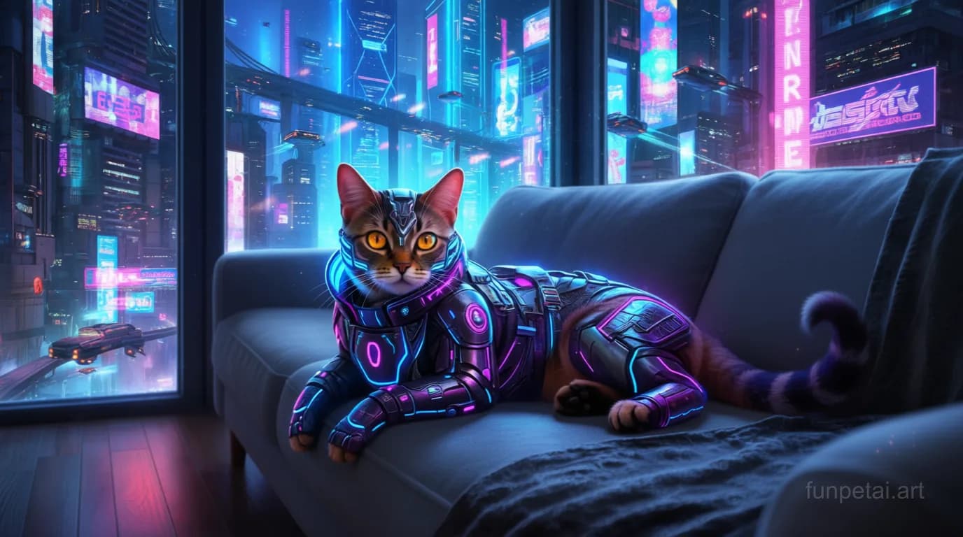Munchkin in neon cyberpunk city lights with metallic accents, cinematic AI pet portrait