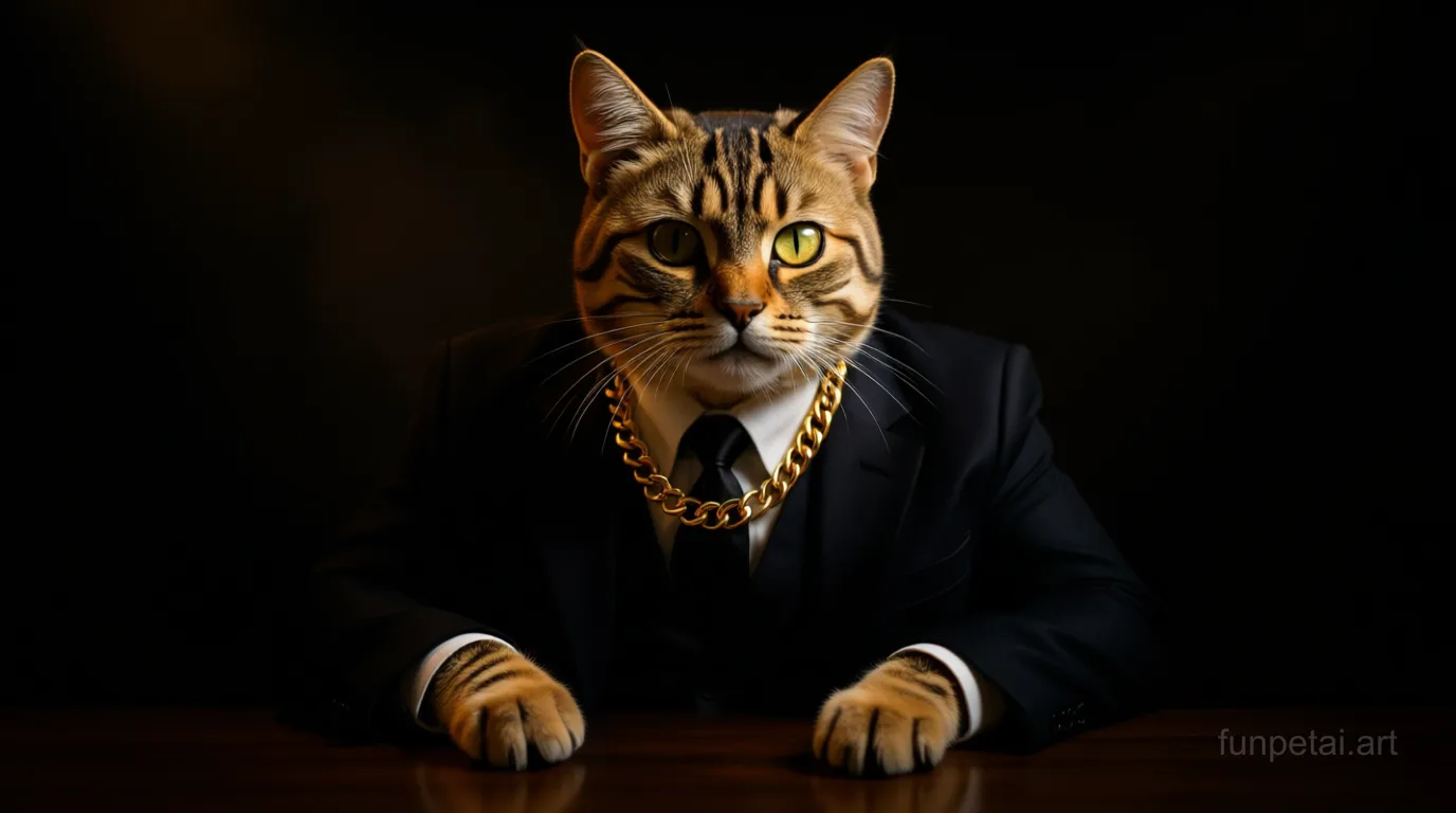 Munchkin in a dark suit with gold chain, cinematic noir lighting, cinematic AI pet portrait