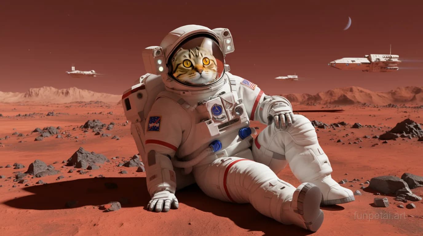 Munchkin wearing a space suit on Mars, red planet glow, cinematic AI pet portrait
