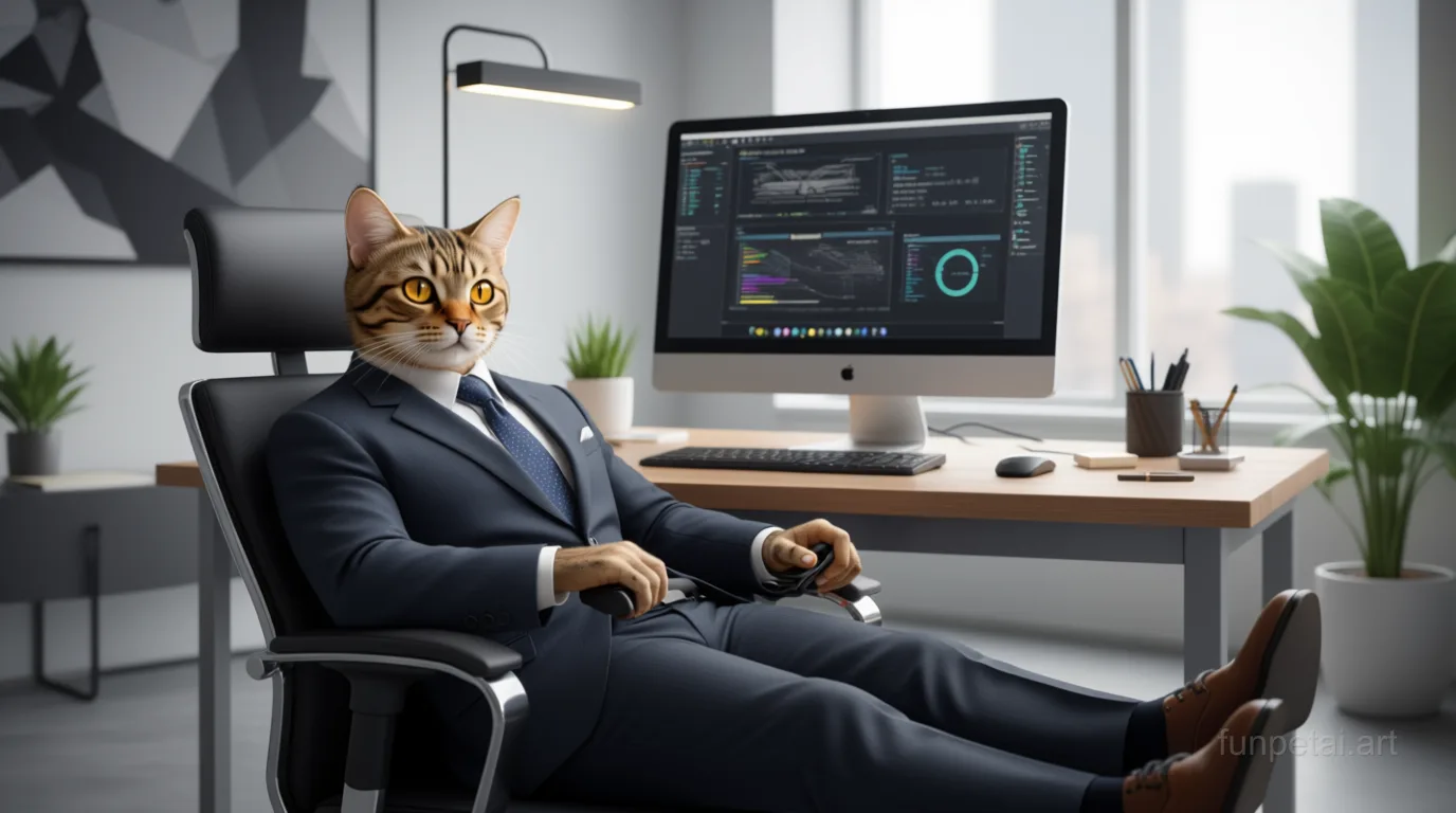 Munchkin in a tailored suit at a modern office desk, cinematic AI pet portrait