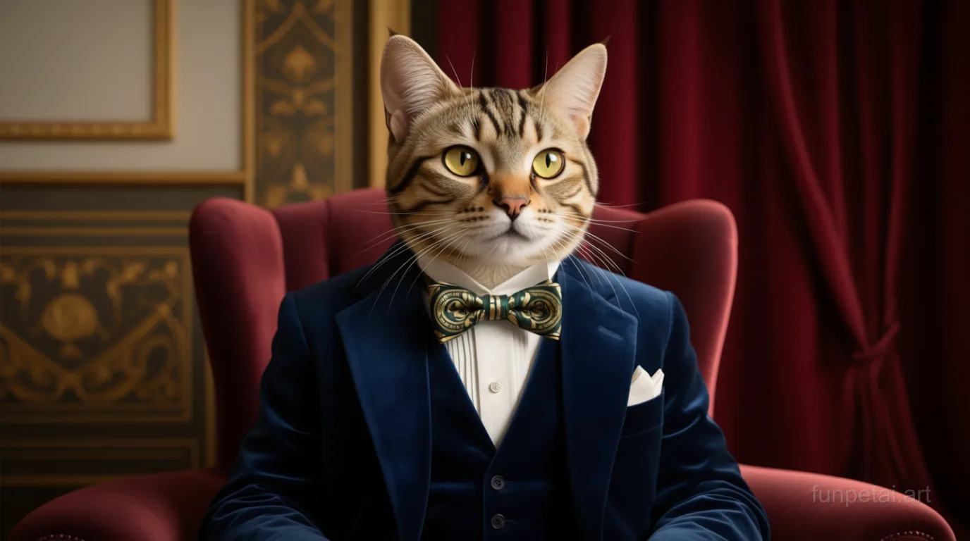 Munchkin in an old money portrait with cashmere texture, cinematic AI pet portrait