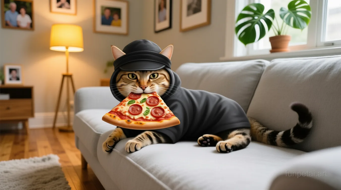Munchkin stealing a pizza slice with a playful expression, cinematic AI pet portrait