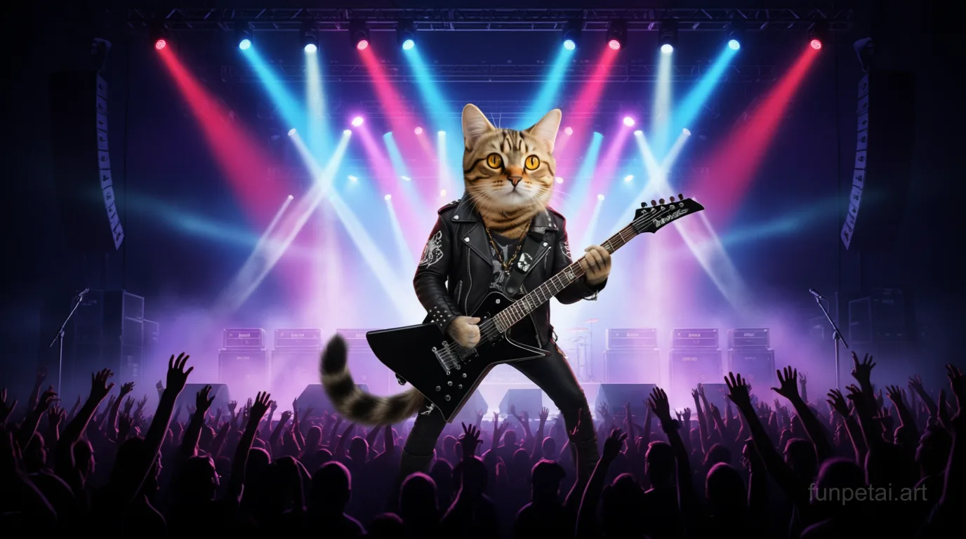 Munchkin on stage with an electric guitar and concert lights, cinematic AI pet portrait