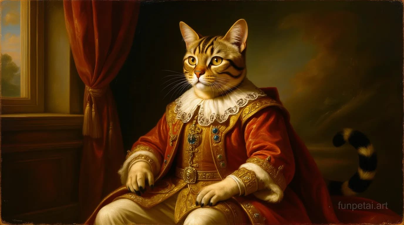 Munchkin in a royal portrait with ornate outfit, classic oil texture, cinematic AI pet portrait